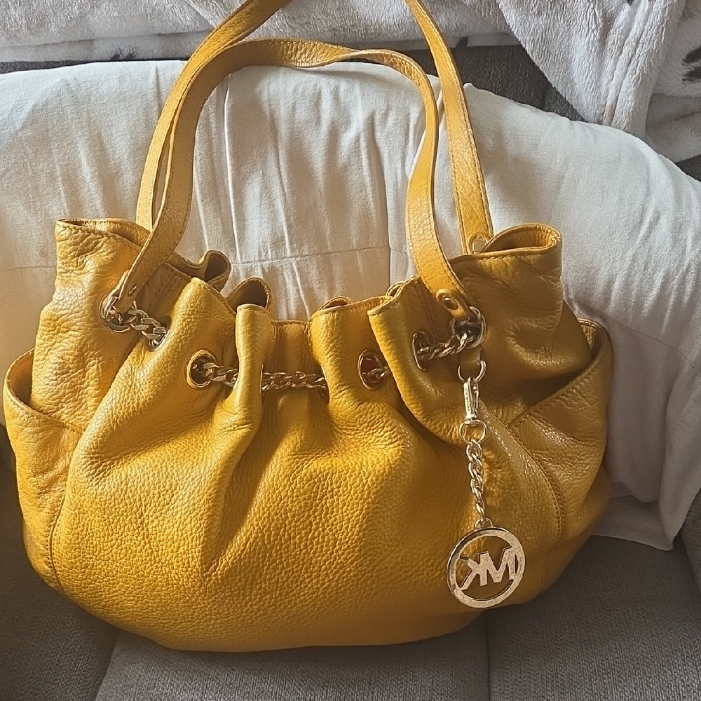 Michael Kors Bright Yellow Leather Shoulder Tote with Gold Accents